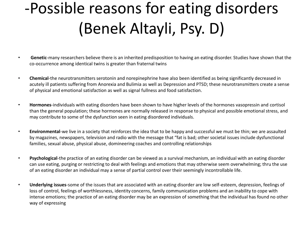 possible reasons for eating disorders benek