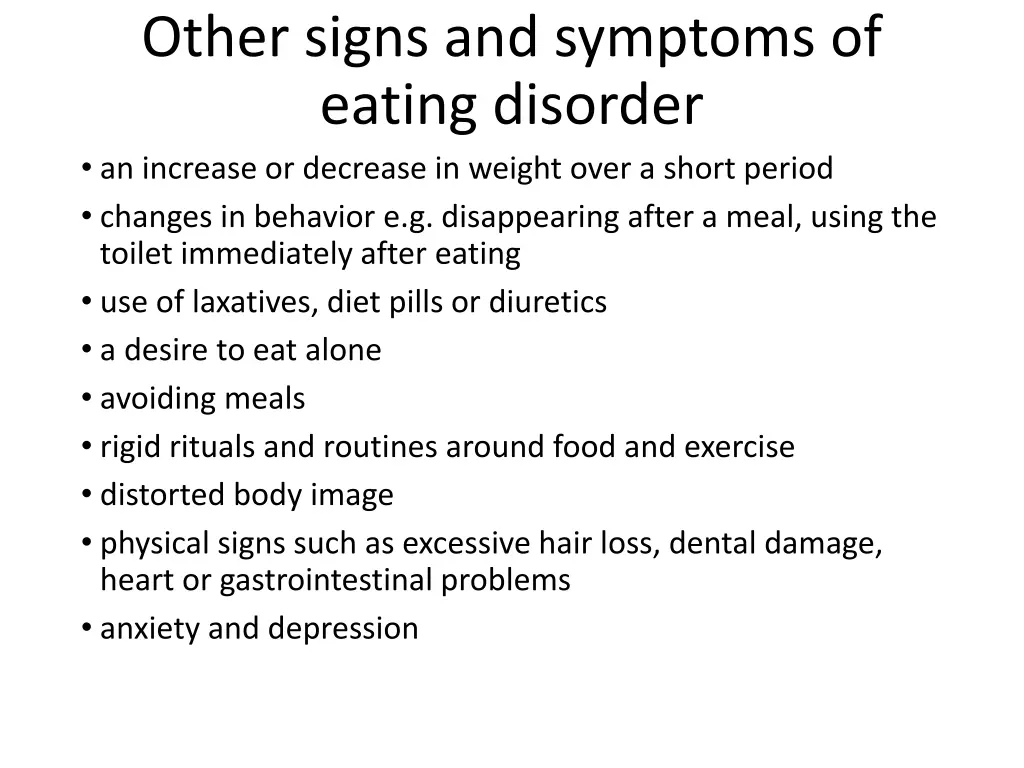 other signs and symptoms of eating disorder