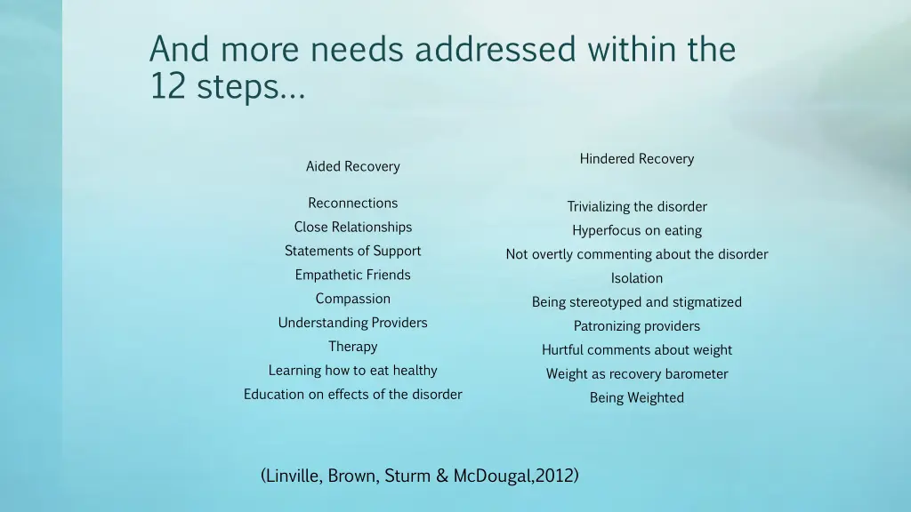 and more needs addressed within the 12 steps