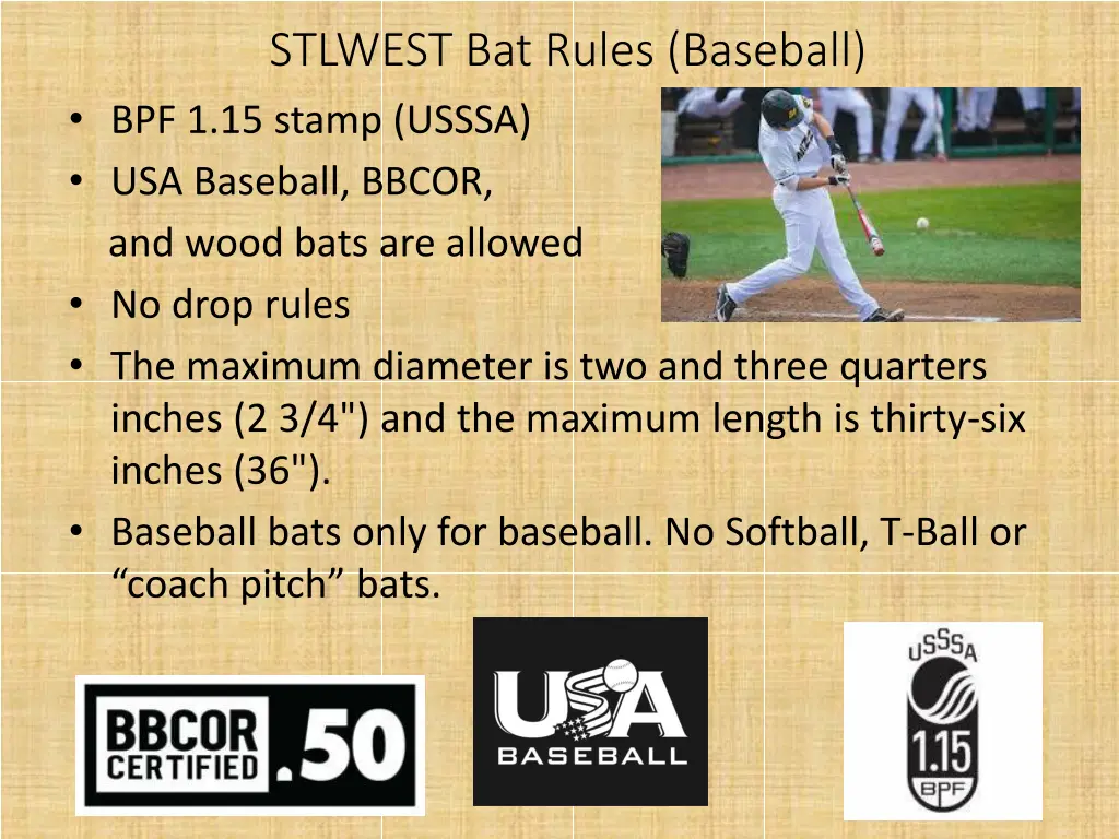 stlwest bat rules baseball bpf 1 15 stamp usssa