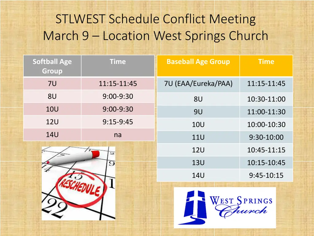 stlwest schedule conflict meeting march