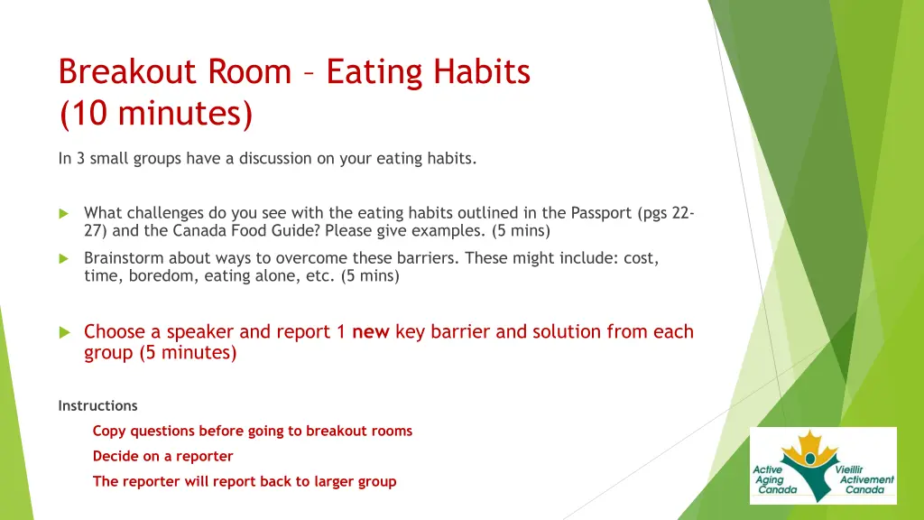 breakout room eating habits 10 minutes