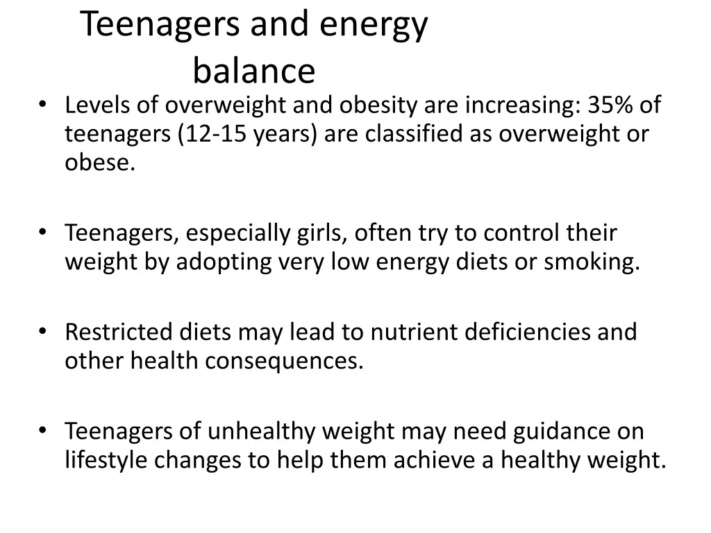 teenagers and energy balance levels of overweight