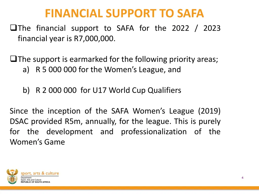 financial support to safa the financial support