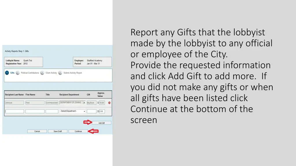 report any gifts that the lobbyist made