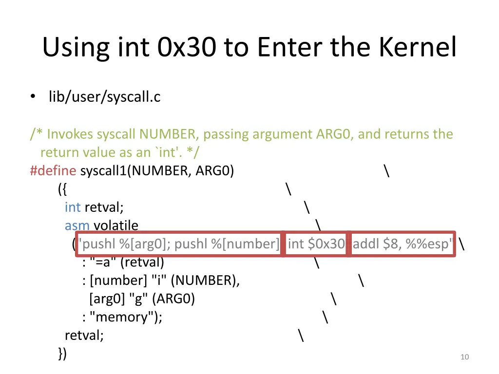 using int 0x30 to enter the kernel