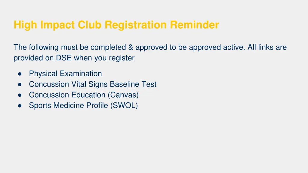 high impact club registration reminder