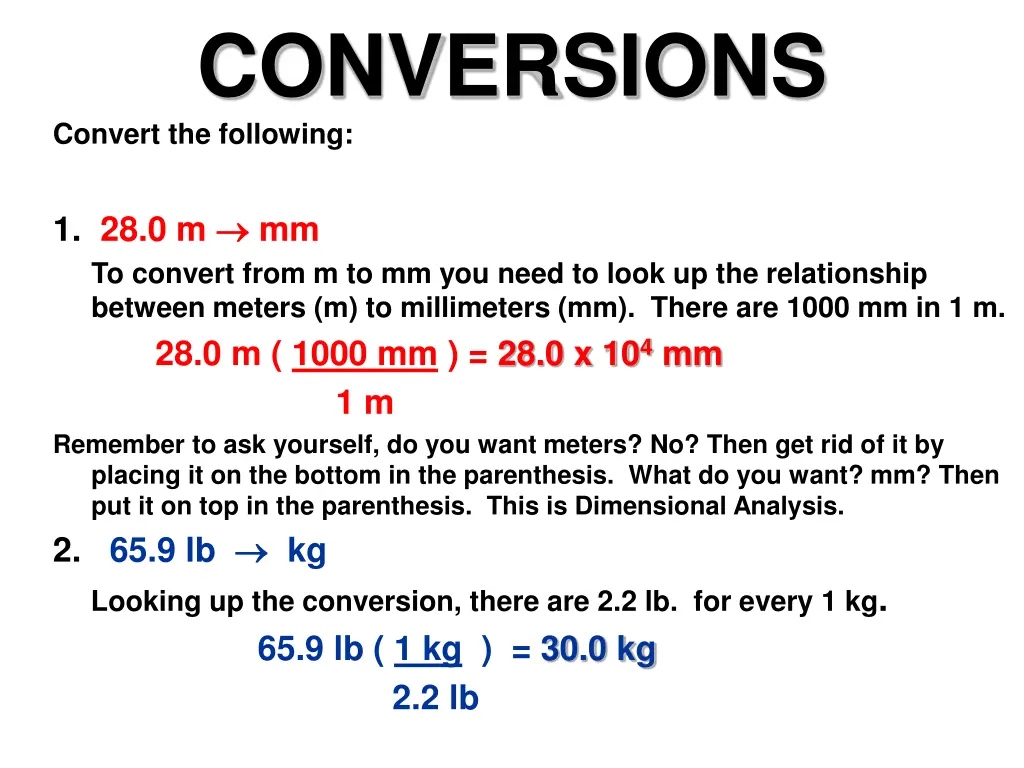 conversions convert the following