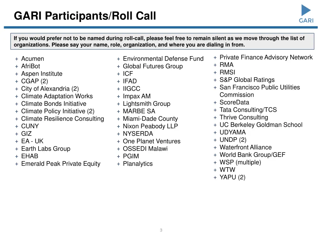 gari participants roll call