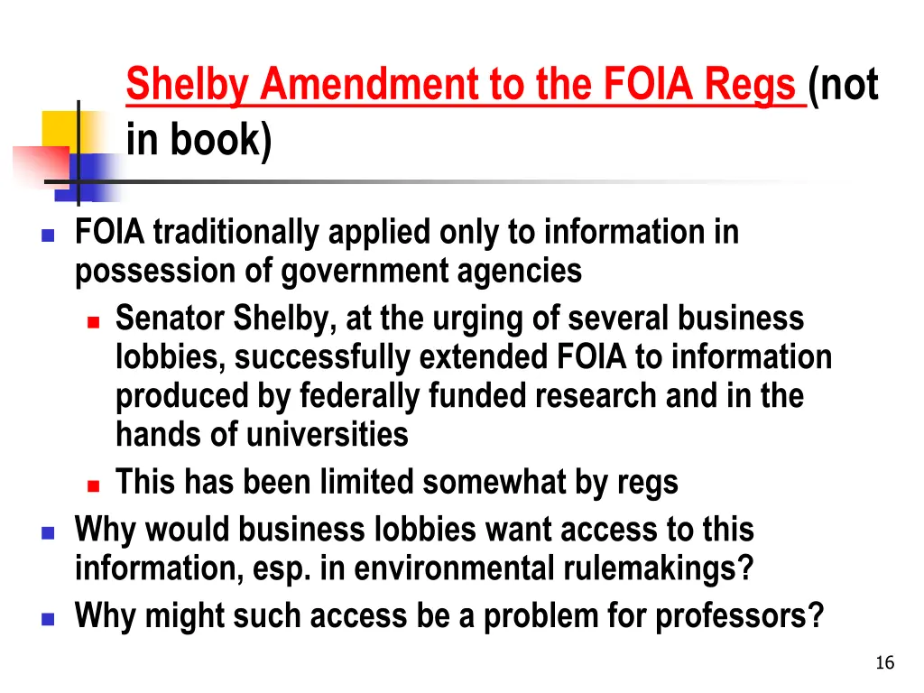 shelby amendment to the foia regs not in book