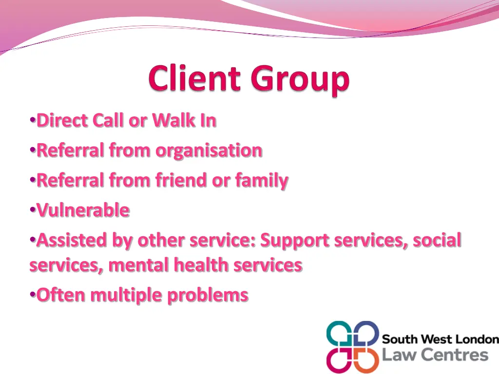 direct call or walk in referral from organisation