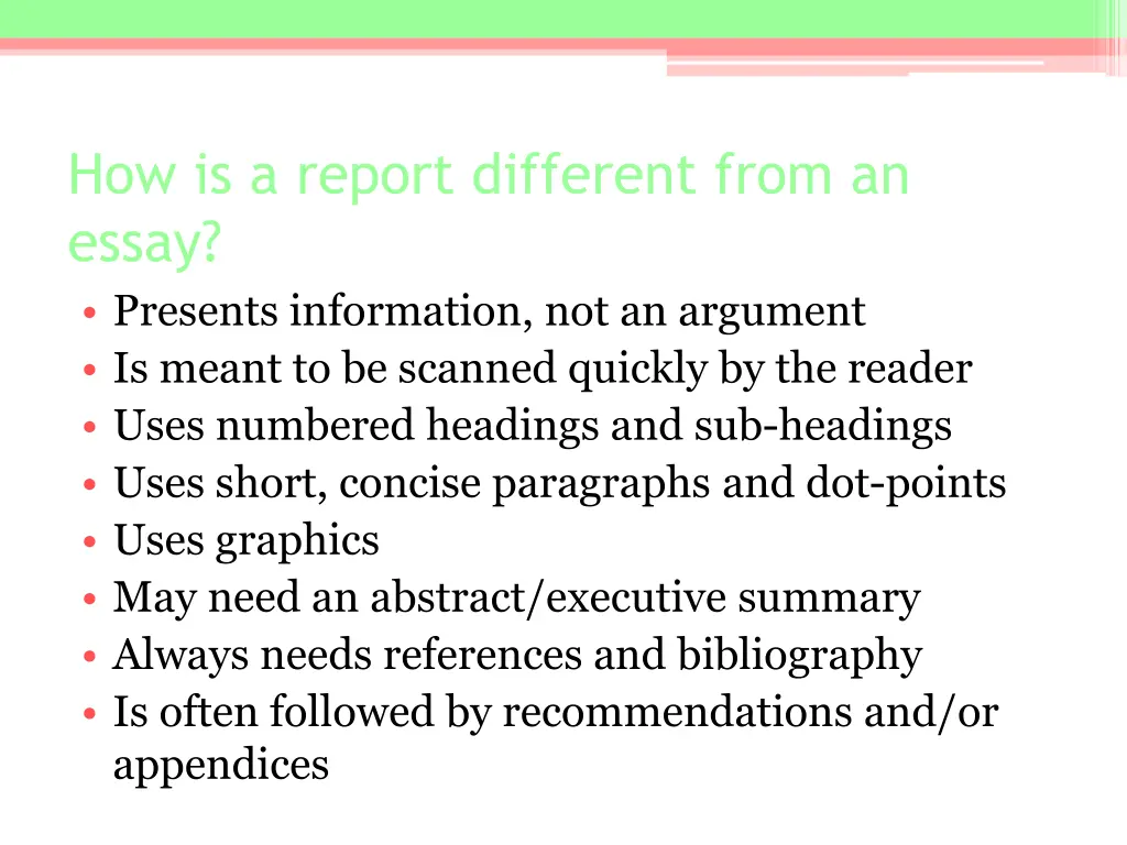 how is a report different from an essay presents