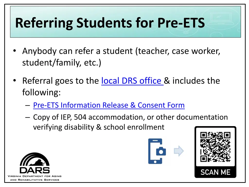 referring students for pre ets