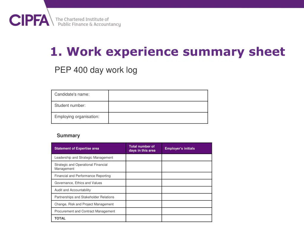 1 work experience summary sheet