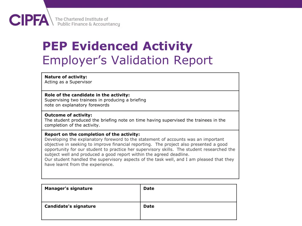 pep evidenced activity employer s validation