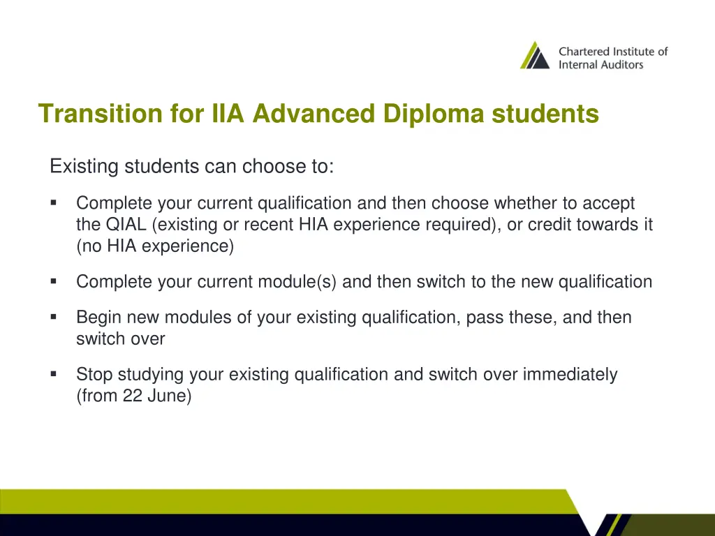 transition for iia advanced diploma students