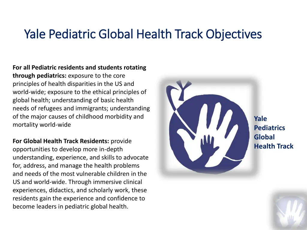 yale pediatric global health track objectives