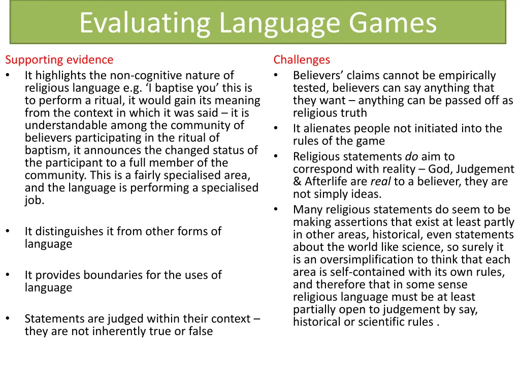 evaluating language games