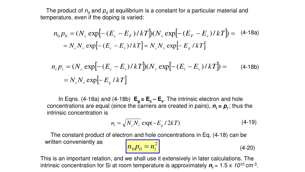 the product of n 0 and p 0 at equilibrium