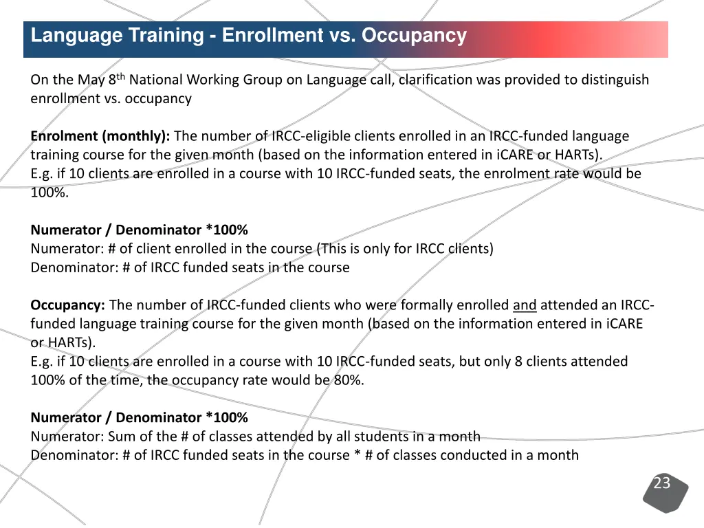 language training enrollment vs occupancy