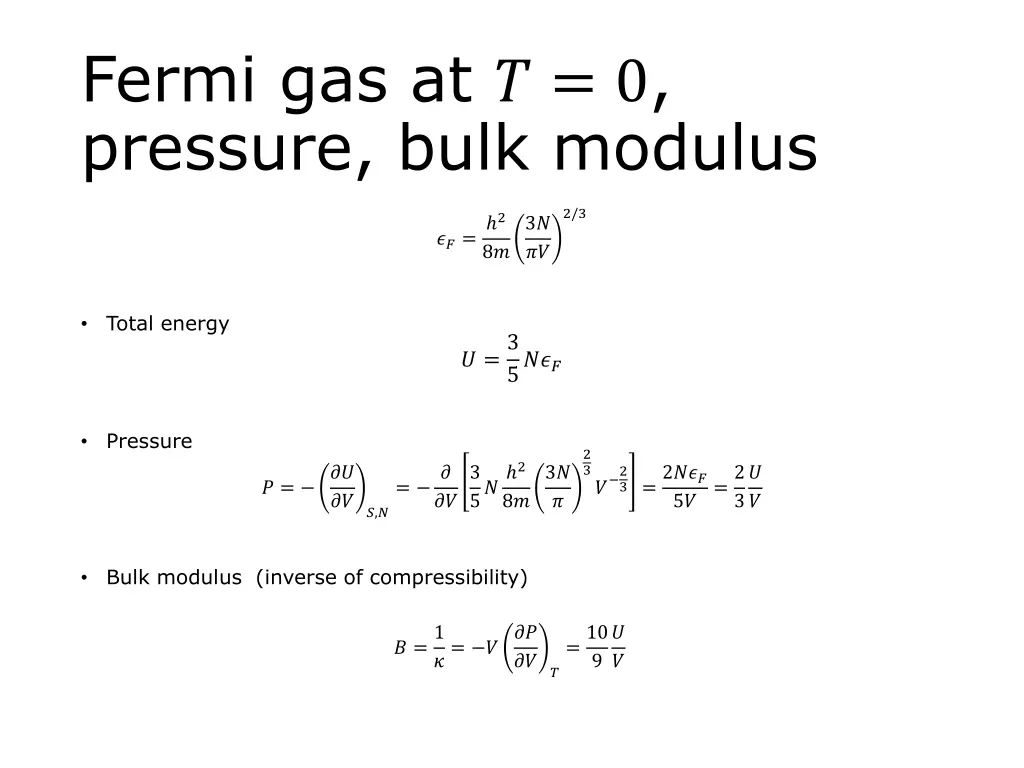 fermi gas at 0 pressure bulk modulus