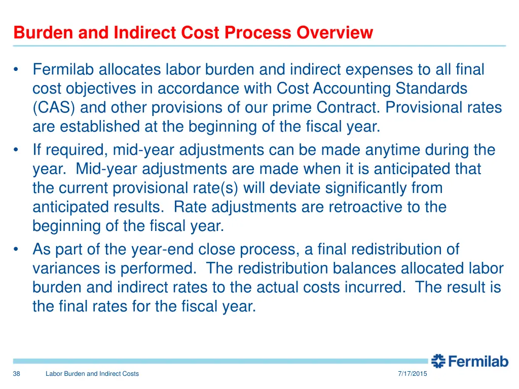 burden and indirect cost process overview