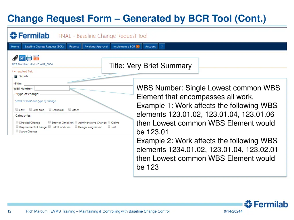 change request form generated by bcr tool cont