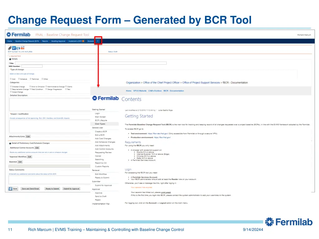 change request form generated by bcr tool