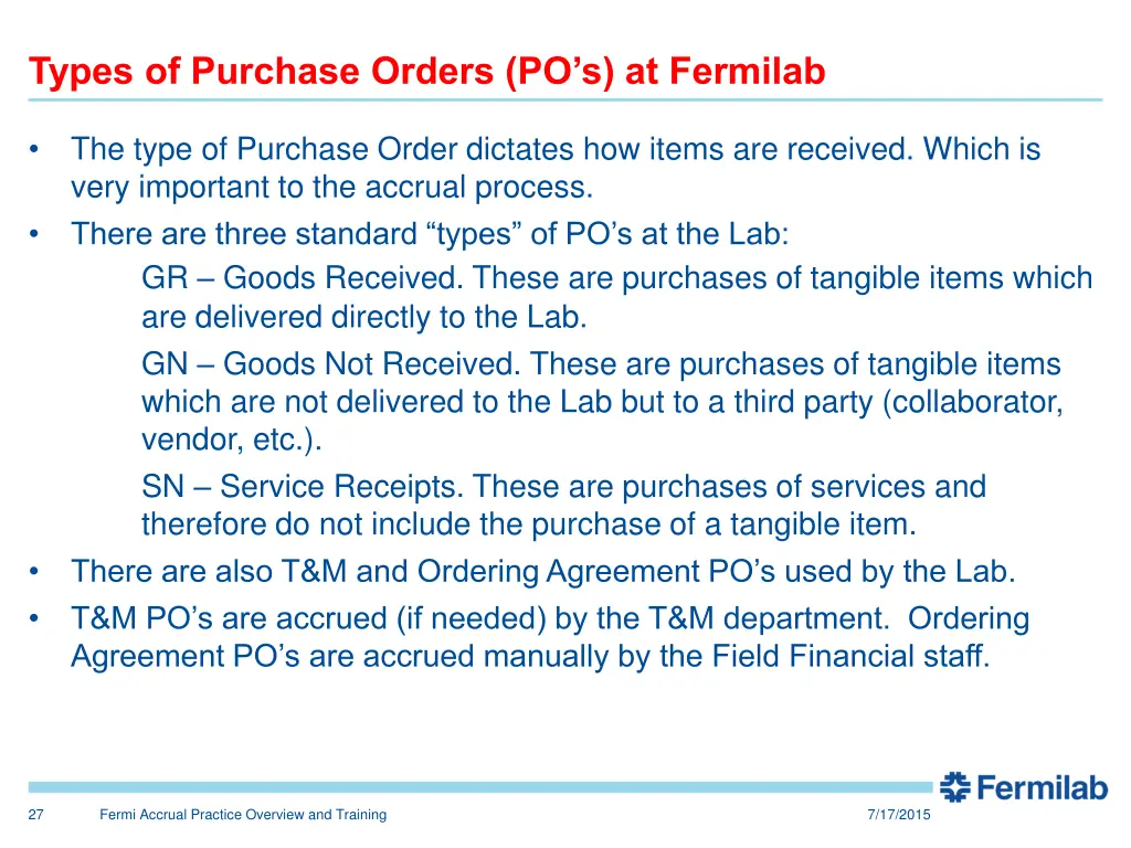 types of purchase orders po s at fermilab