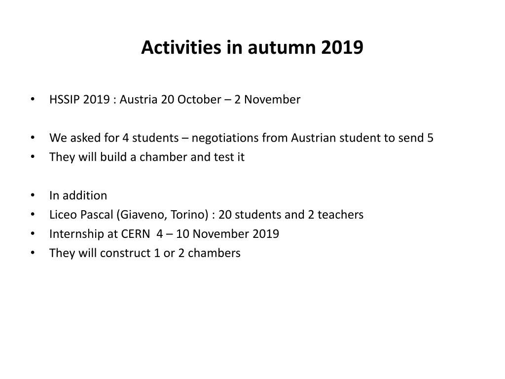 activities in autumn 2019