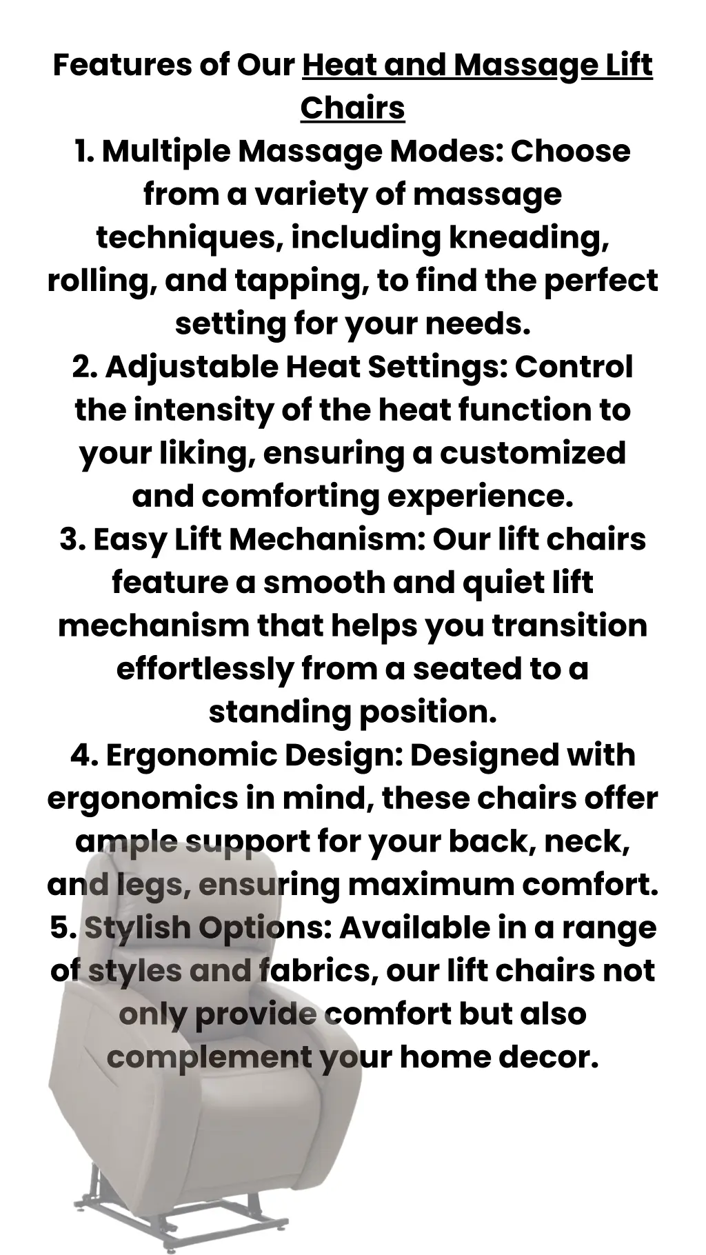 features of our heat and massage lift chairs