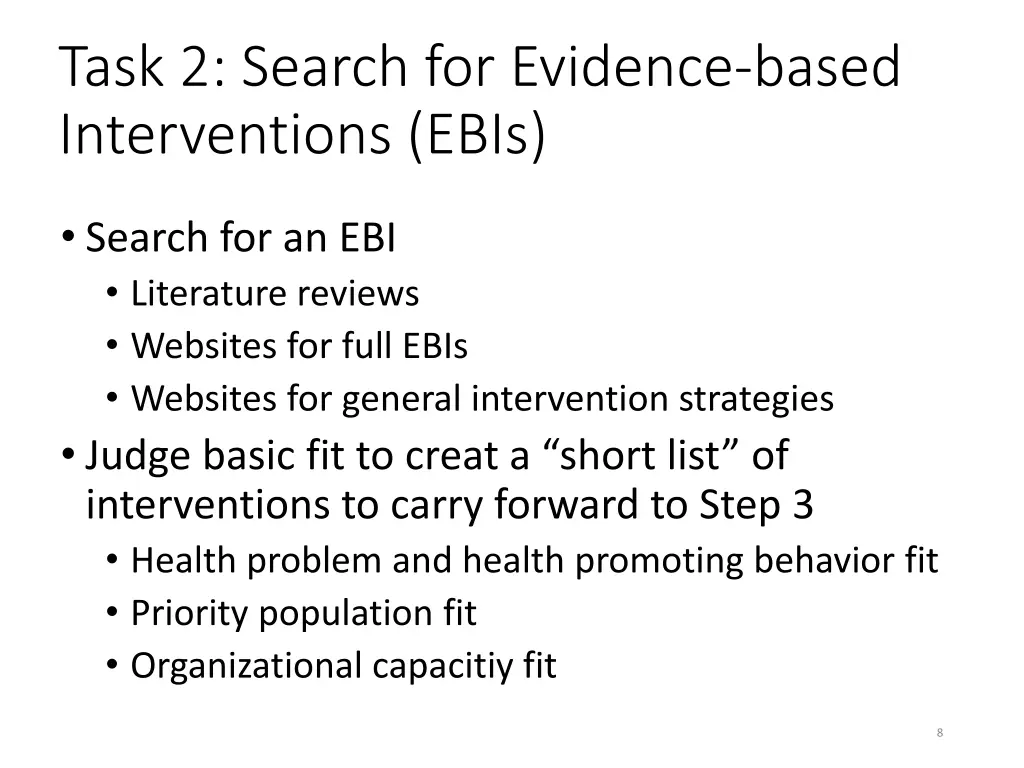 task 2 search for evidence based interventions