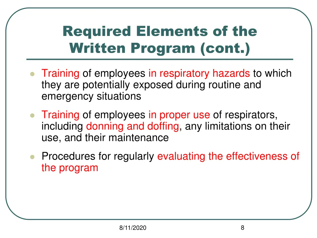 required elements of the written program cont