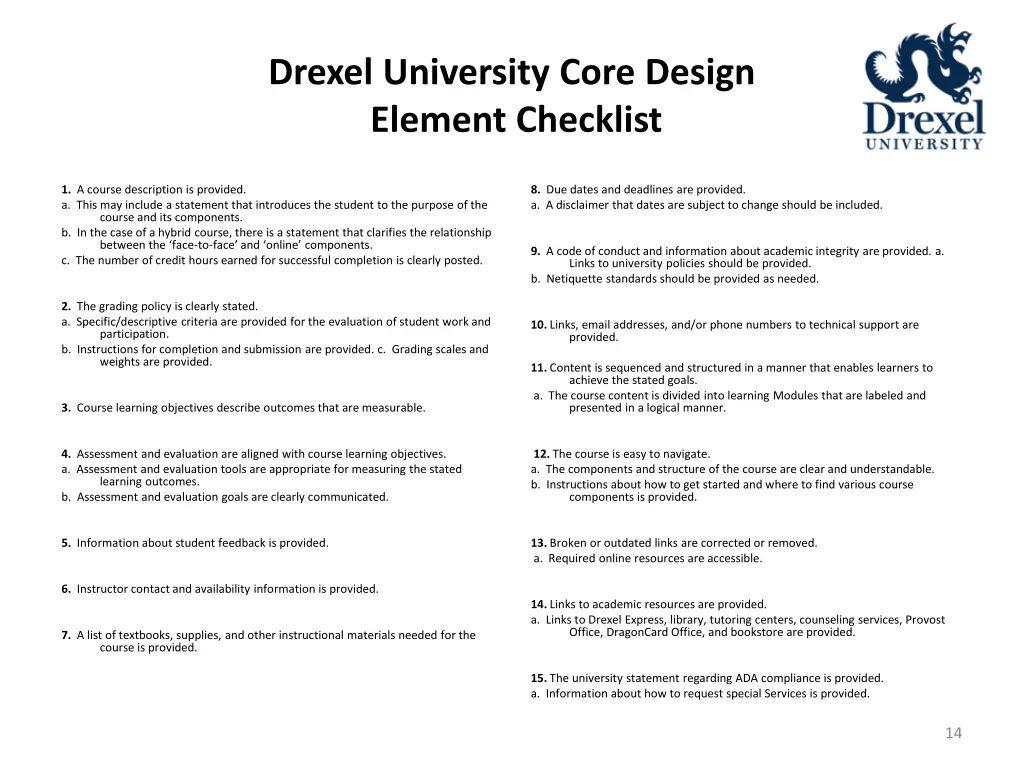 drexel university core design element checklist