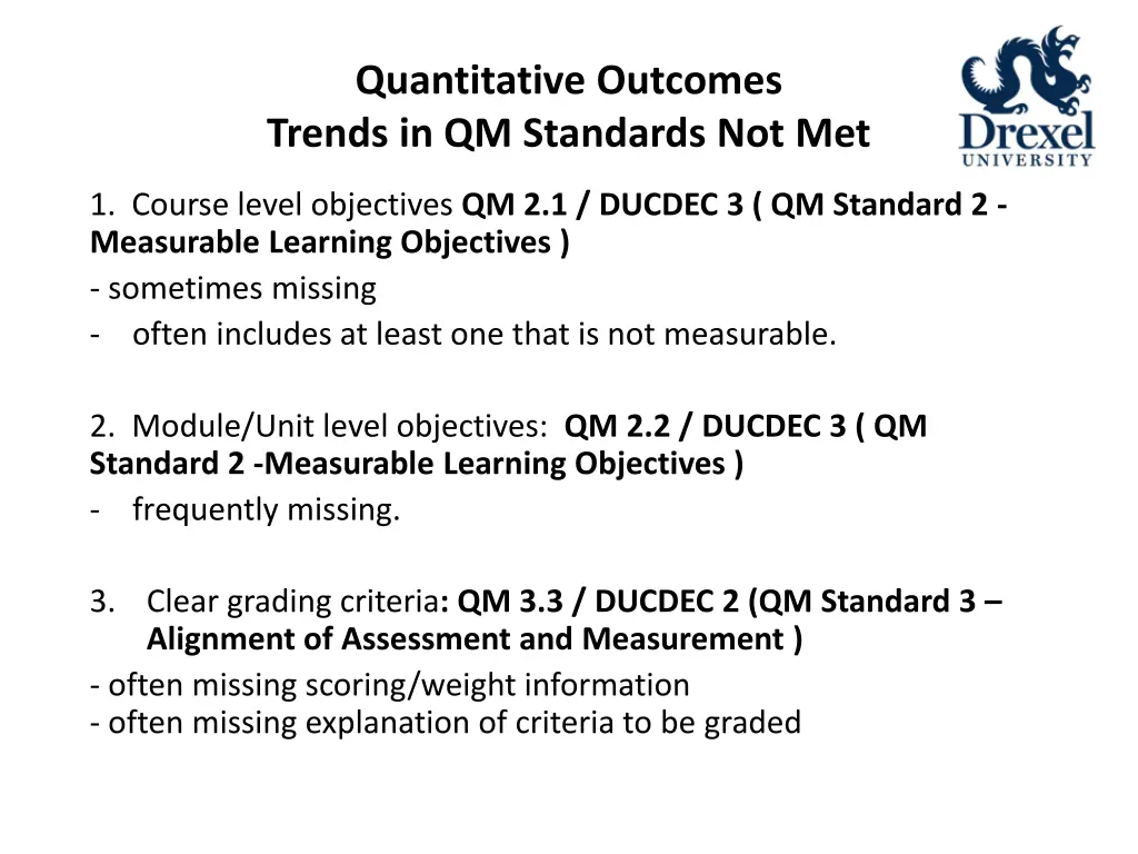 quantitative outcomes trends in qm standards