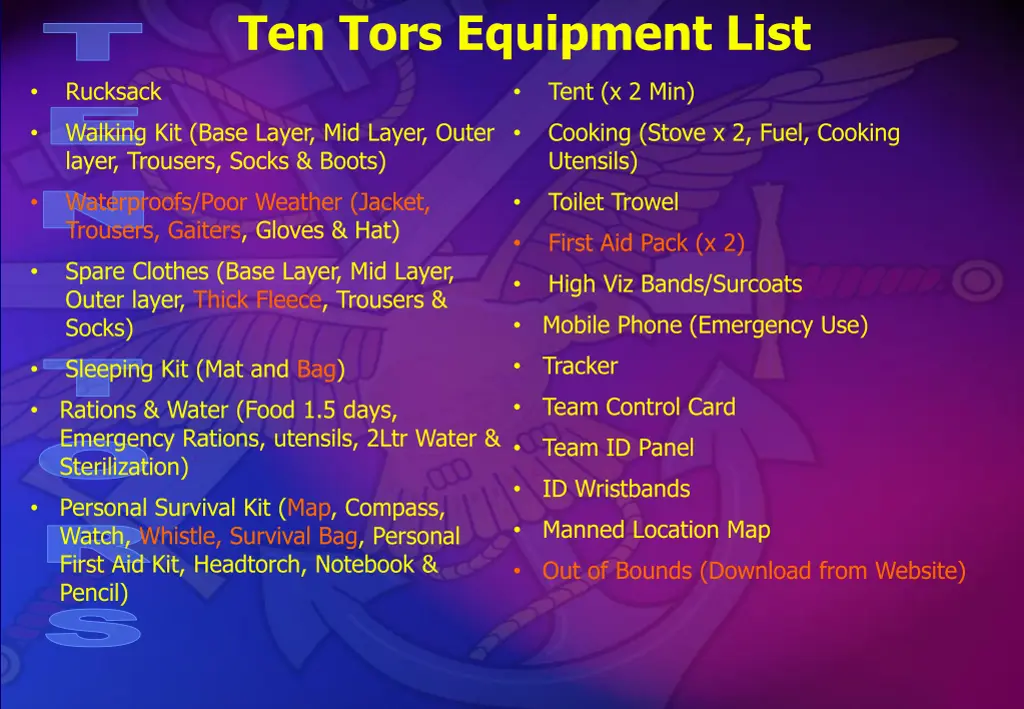 ten tors equipment list