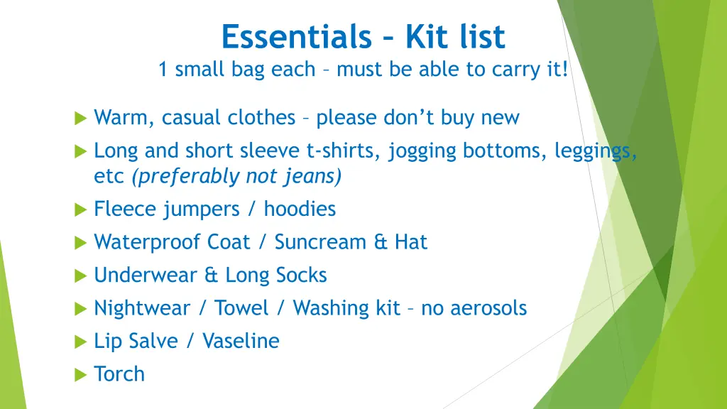 essentials kit list 1 small bag each must be able