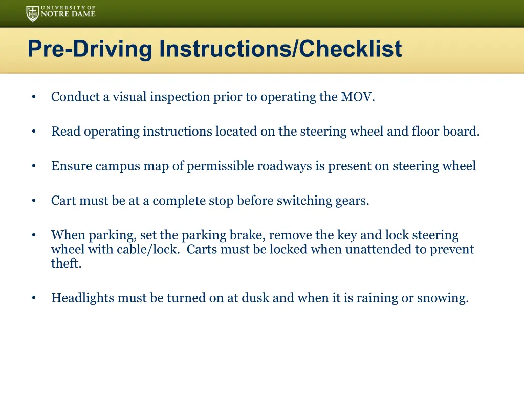 pre driving instructions checklist