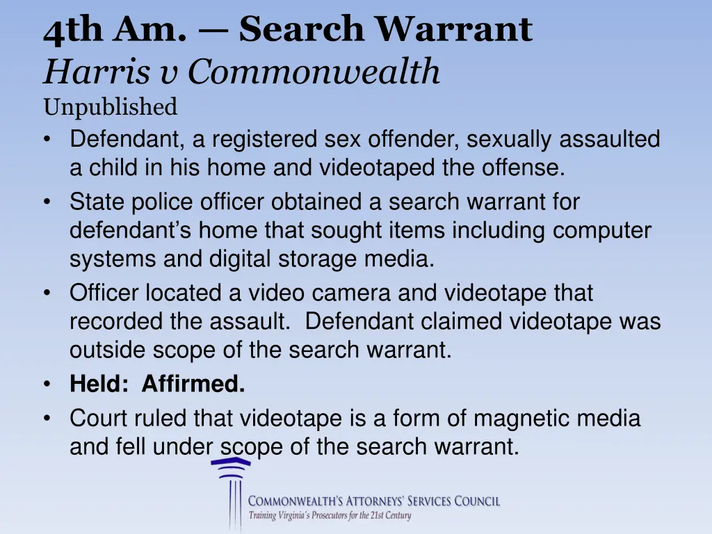 4th am search warrant harris v commonwealth