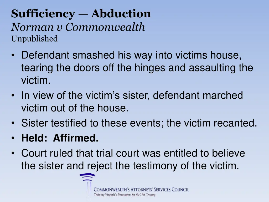 sufficiency abduction norman v commonwealth