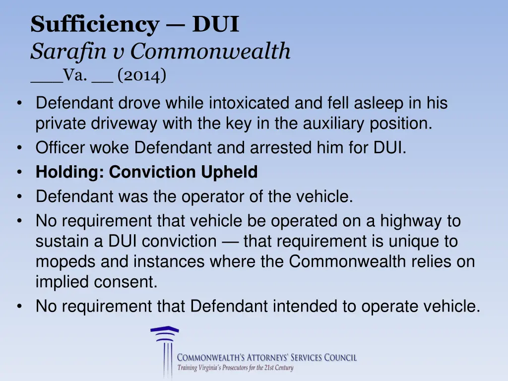 sufficiency dui sarafin v commonwealth va 2014