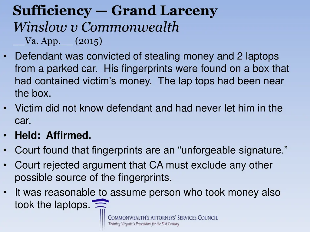 sufficiency grand larceny winslow v commonwealth