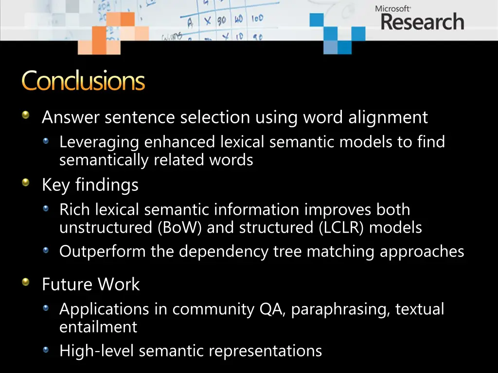 conclusions answer sentence selection using word