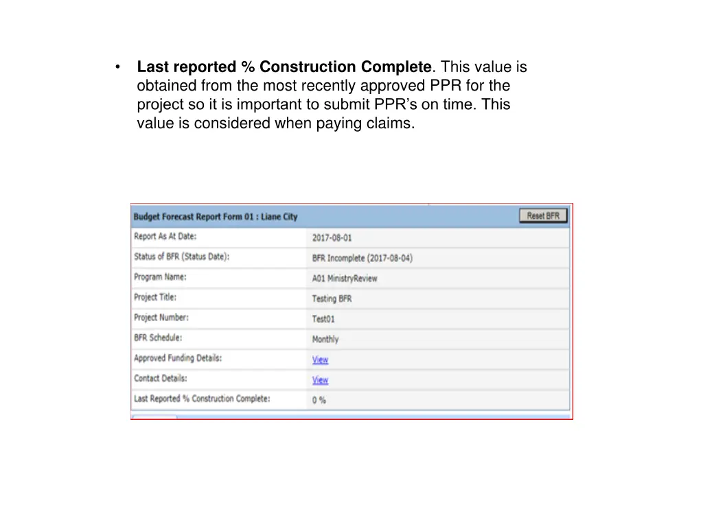 last reported construction complete this value