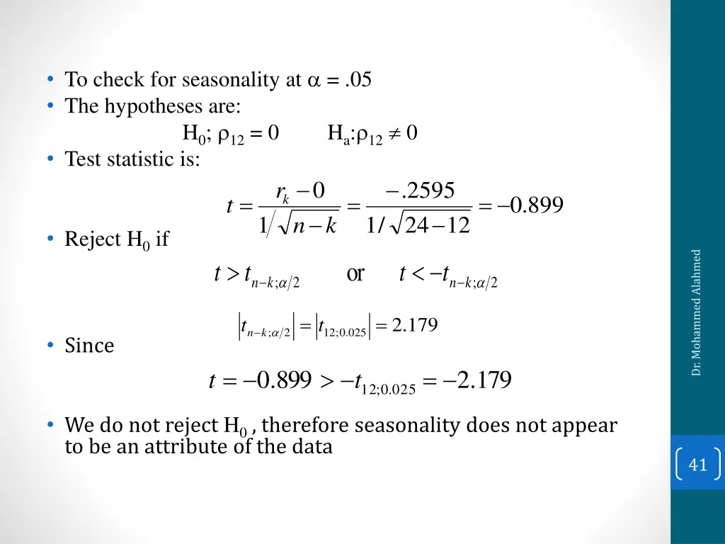 to check for seasonality at 05 the hypotheses