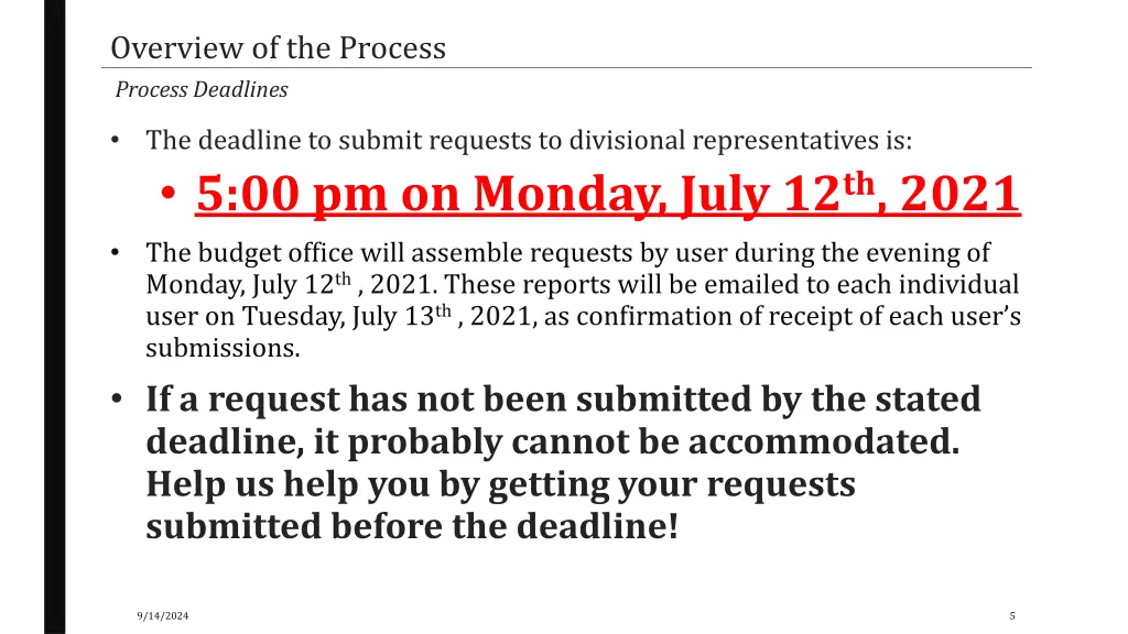 overview of the process process deadlines