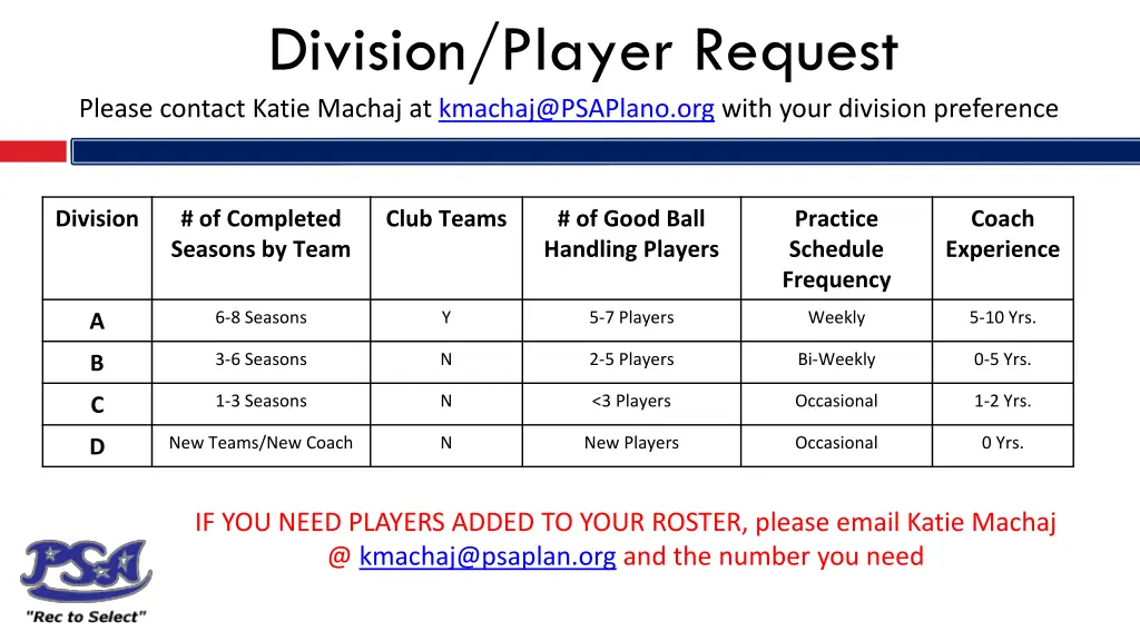 division player request please contact katie