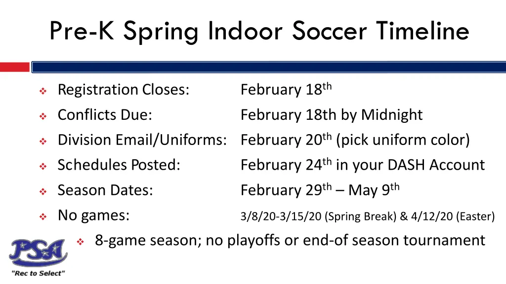 pre k spring indoor soccer timeline