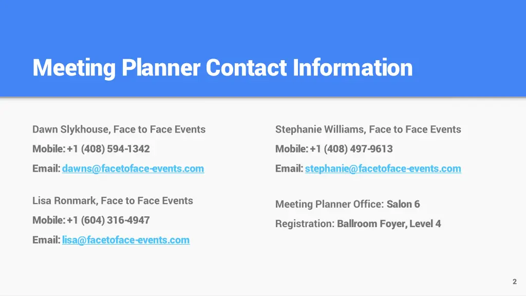 meeting planner contact information