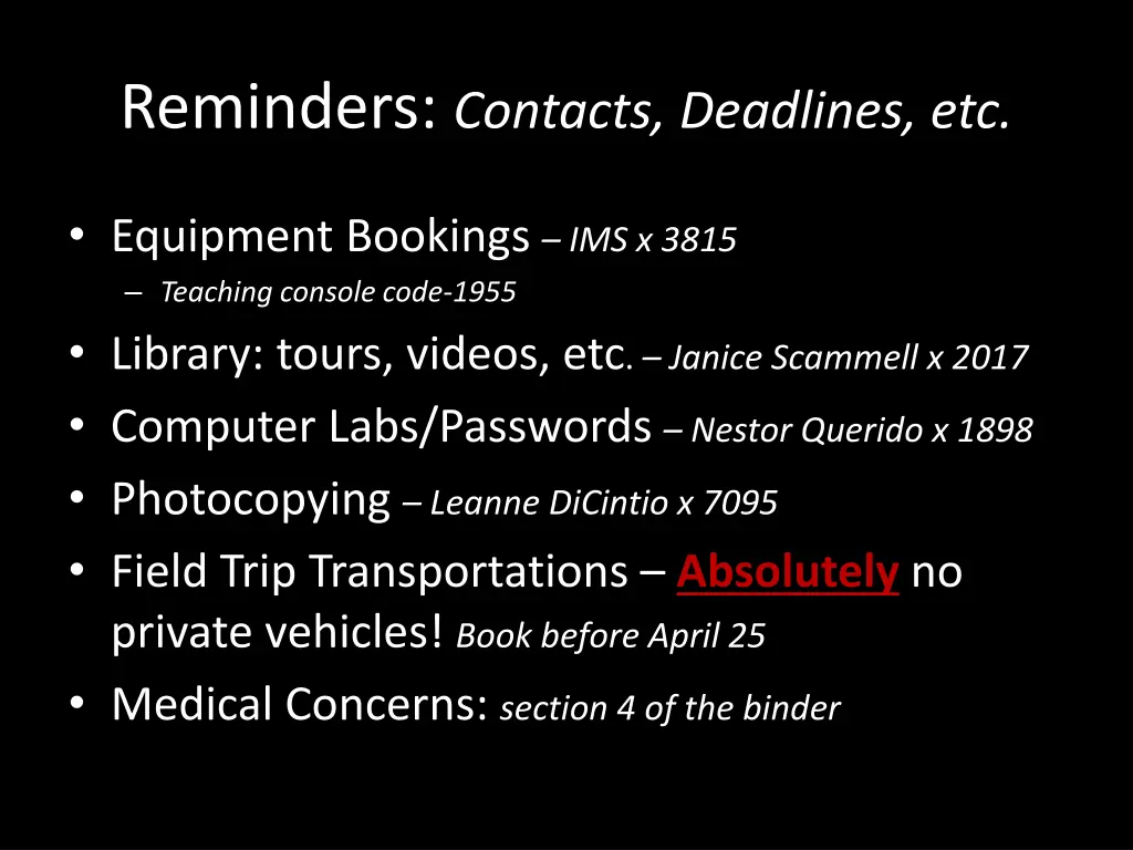 reminders contacts deadlines etc